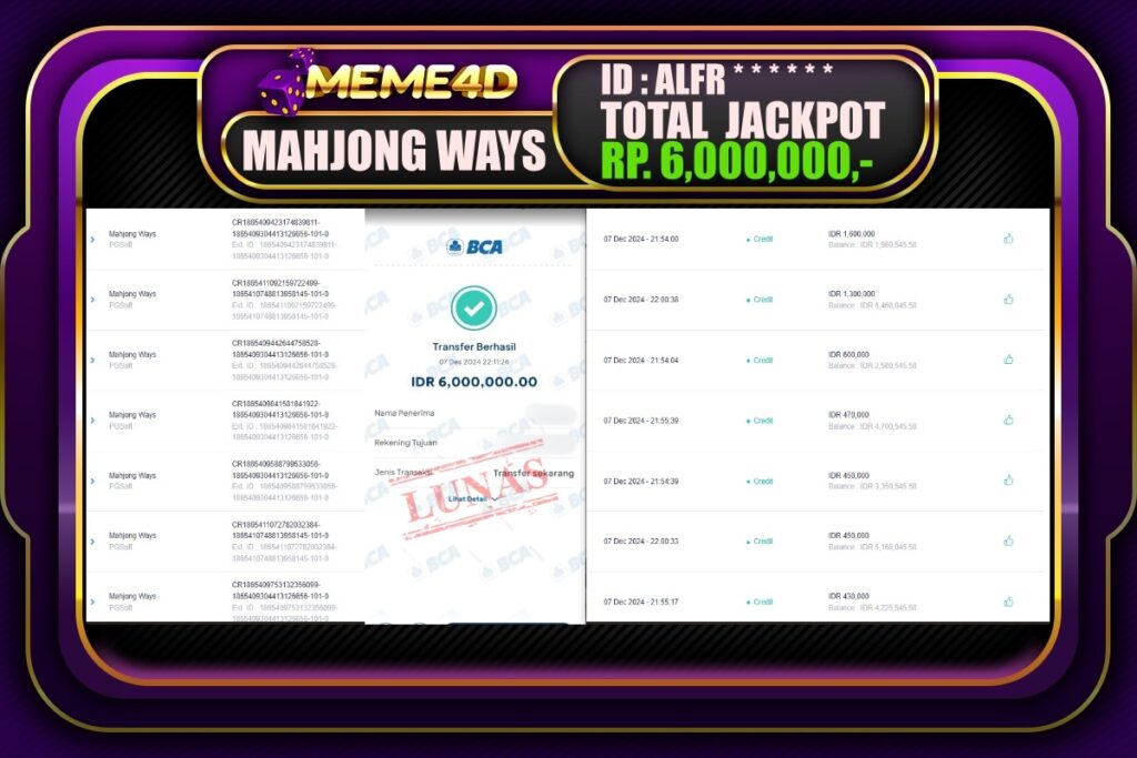 Bukti Jp MEME4D Slot Online 08 DESEMBER 2024