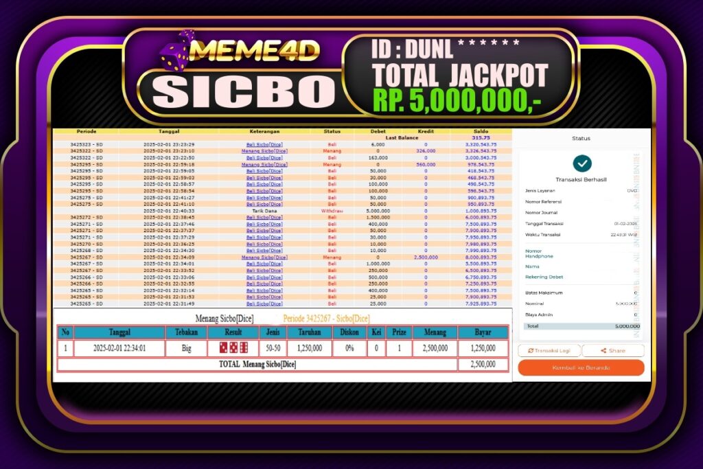Bukti Jp MEME4D Casino Online 02 Februari 2025