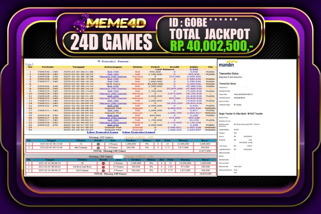 Bukti Jp MEME4D Casino Online 02 Februari 2025
