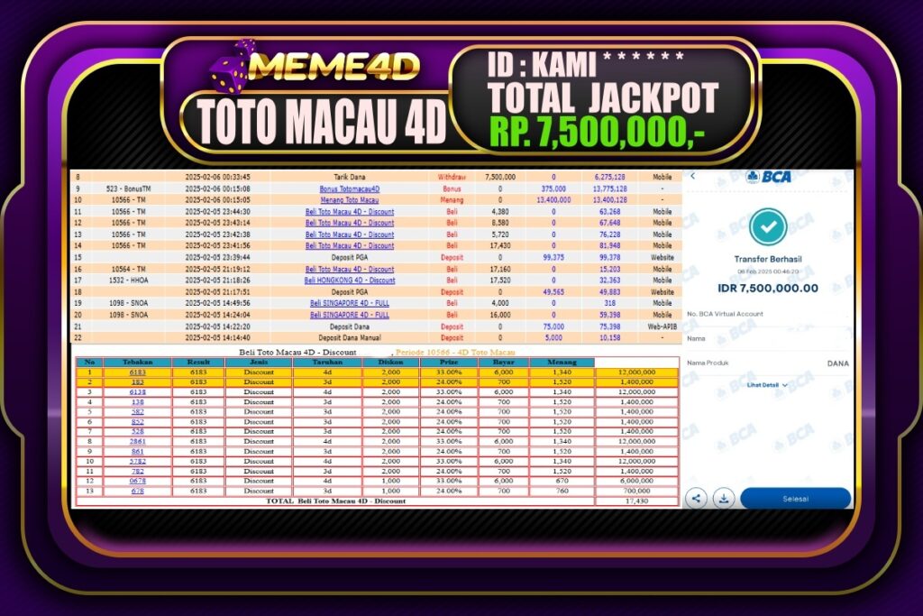 Bukti Jp MEME4D Togel Online 06 Februari 2025