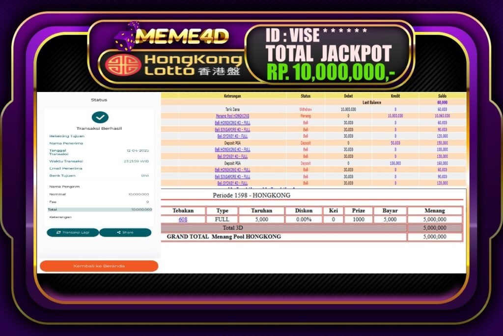 Bukti Jp MEME4D Togel Online 13 April 2025
