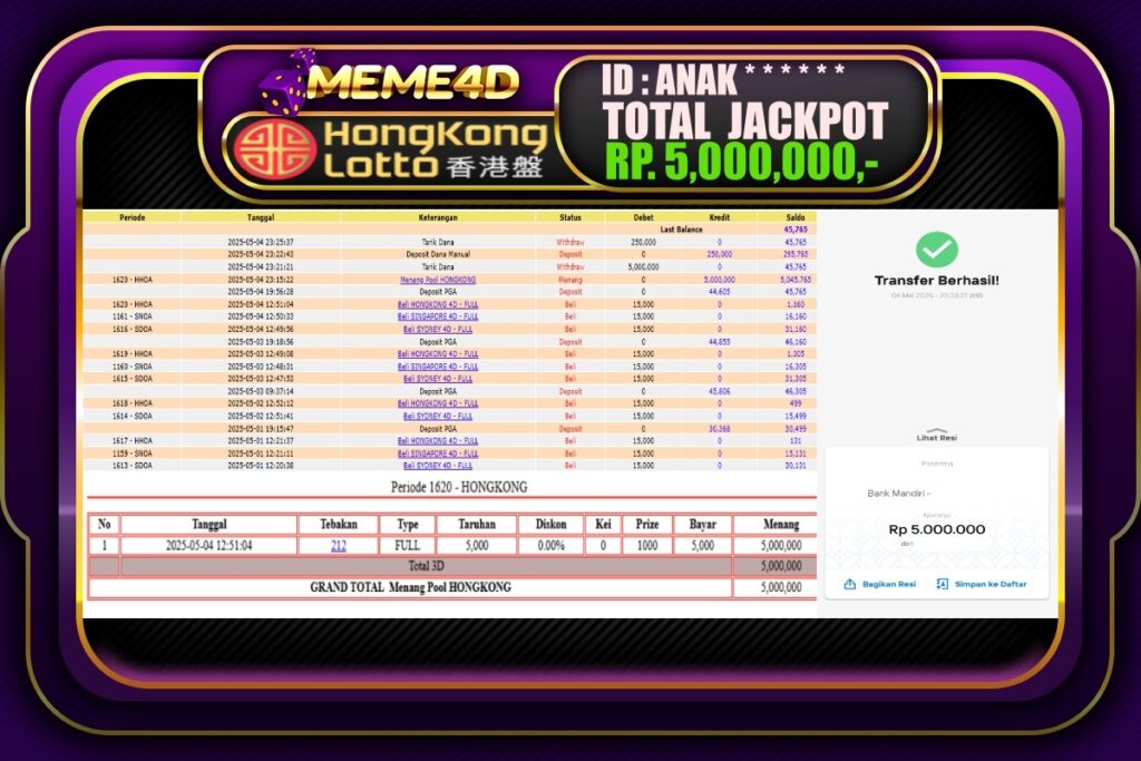 Bukti Jp MEME4D Togel Online 05 Mei 2025