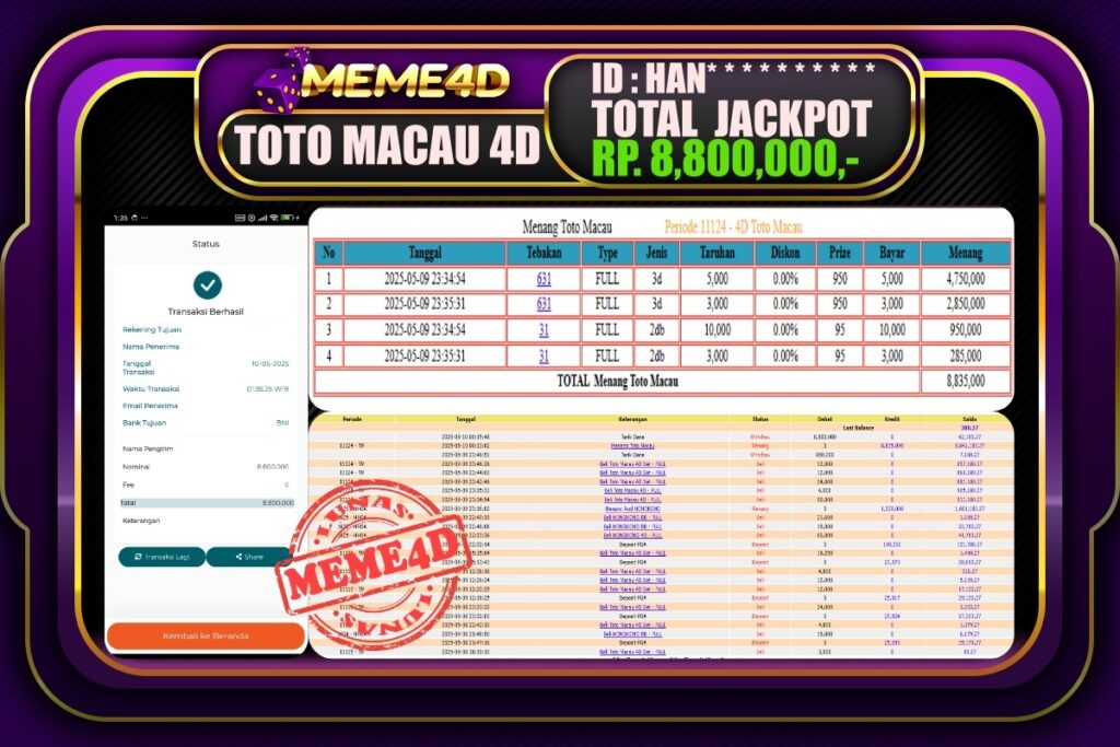 Bukti Jp MEME4D Togel Online 10 Mei 2025