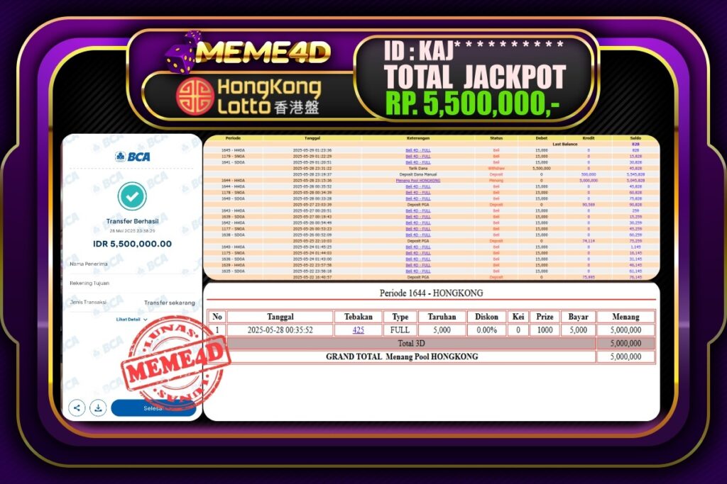 Bukti Jp MEME4D Togel Online 29 Mei 2025