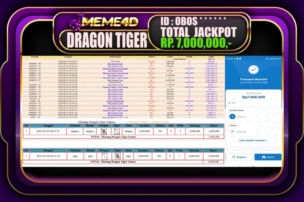 Bukti Jp MEME4D Casino Online 04 Mei 2025