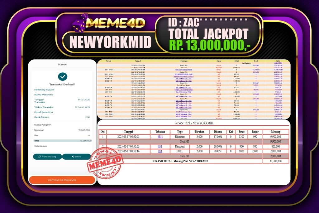Bukti Jp MEME4D Togel Online 17 Mei 2025