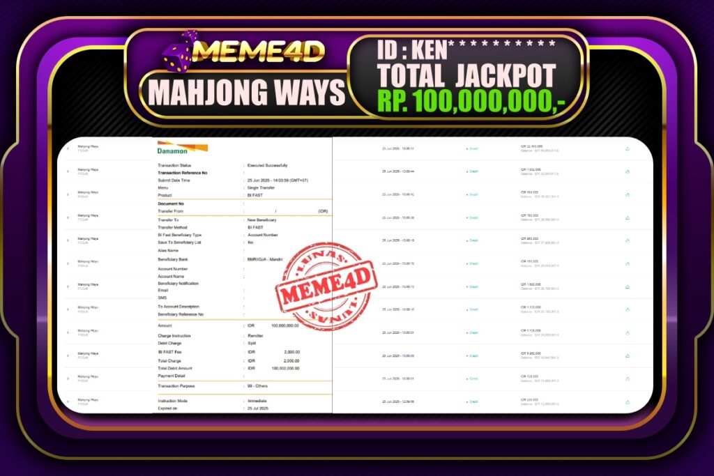 Bukti Jp MEME4D Slot Online 26 Juni 2025