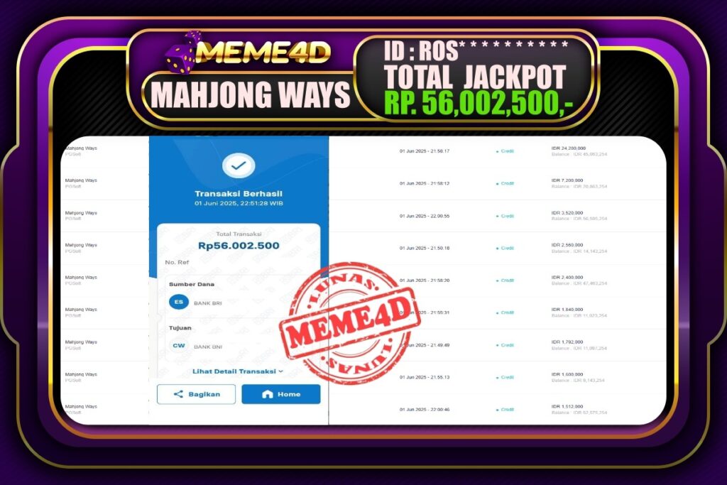 Bukti Jp MEME4D Slot Online 02 Juni 2025