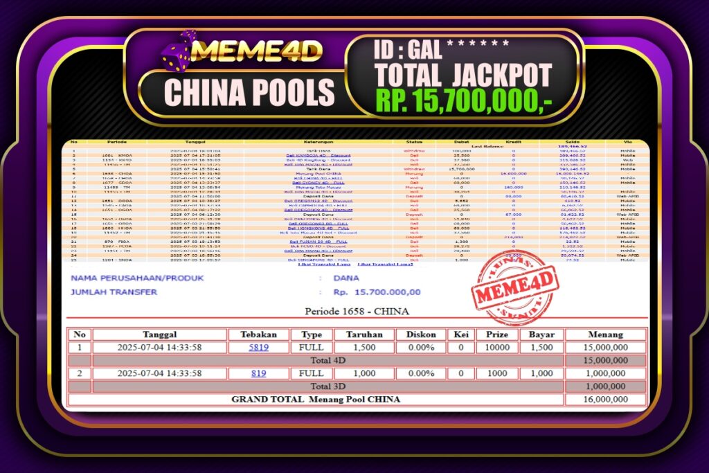 Bukti Jp MEME4D Togel Online 05 Juli 2025