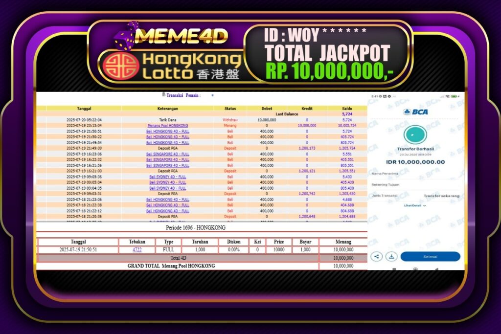 Bukti Jp MEME4D Togel Online 20 Juli 2025