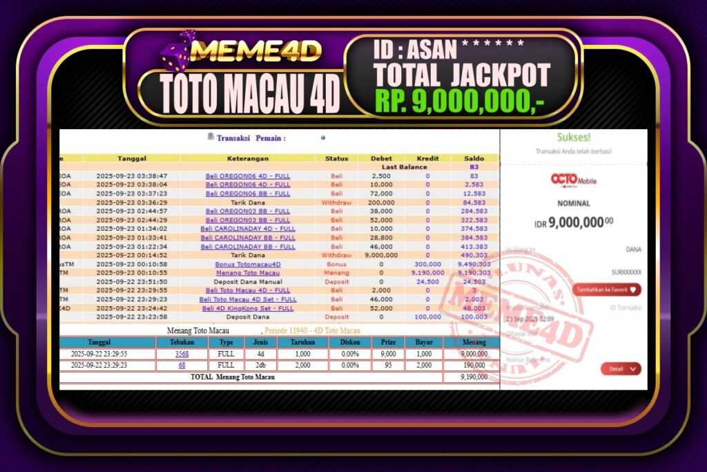 Bukti Jp MEME4D Togel Online 23 September 2025
