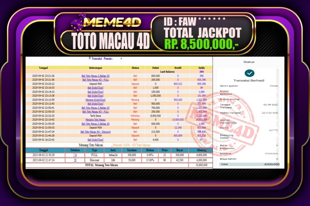 Bukti Jp MEME4D Togel Online 03 September 2025