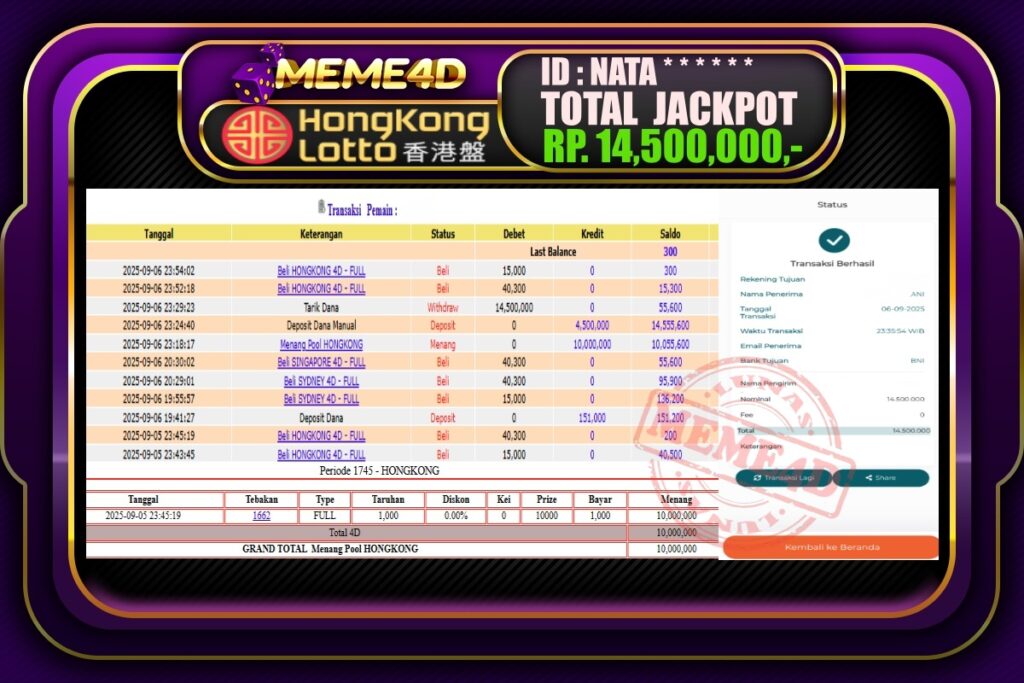Bukti Jp MEME4D Togel Online 07 September 2025