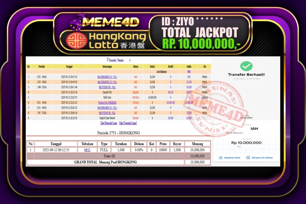 Bukti Jp MEME4D Togel Online 13 September 2025