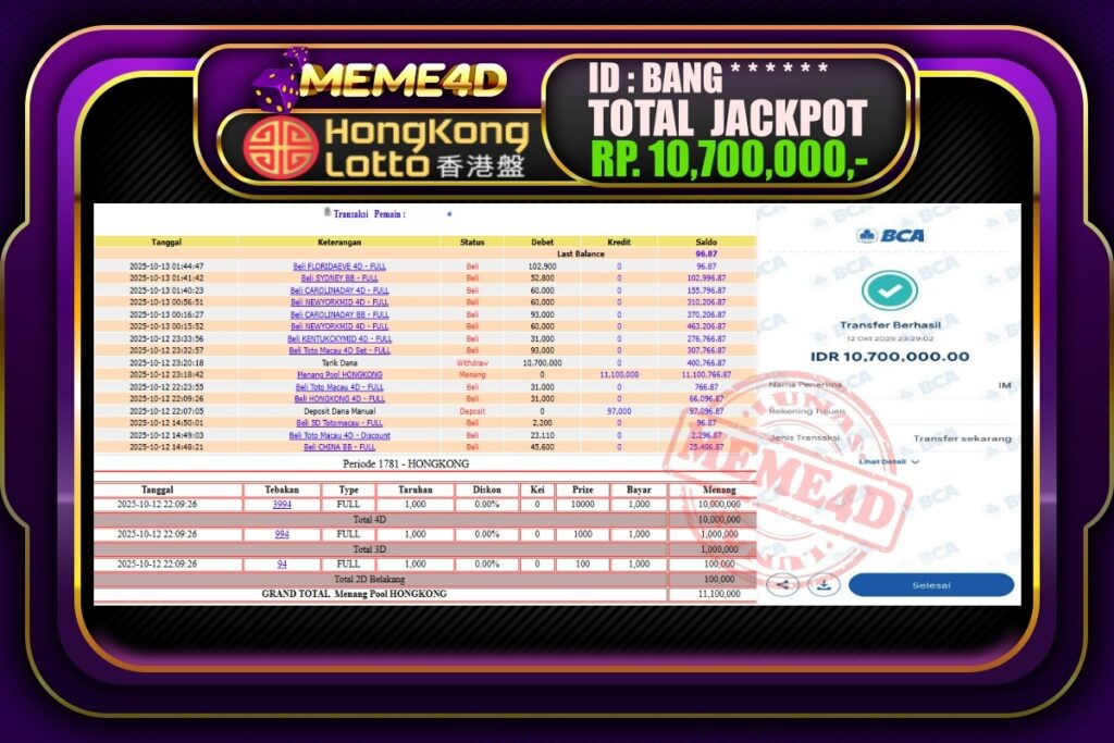 Bukti Jp MEME4D Togel Online 13 Oktober 2025
