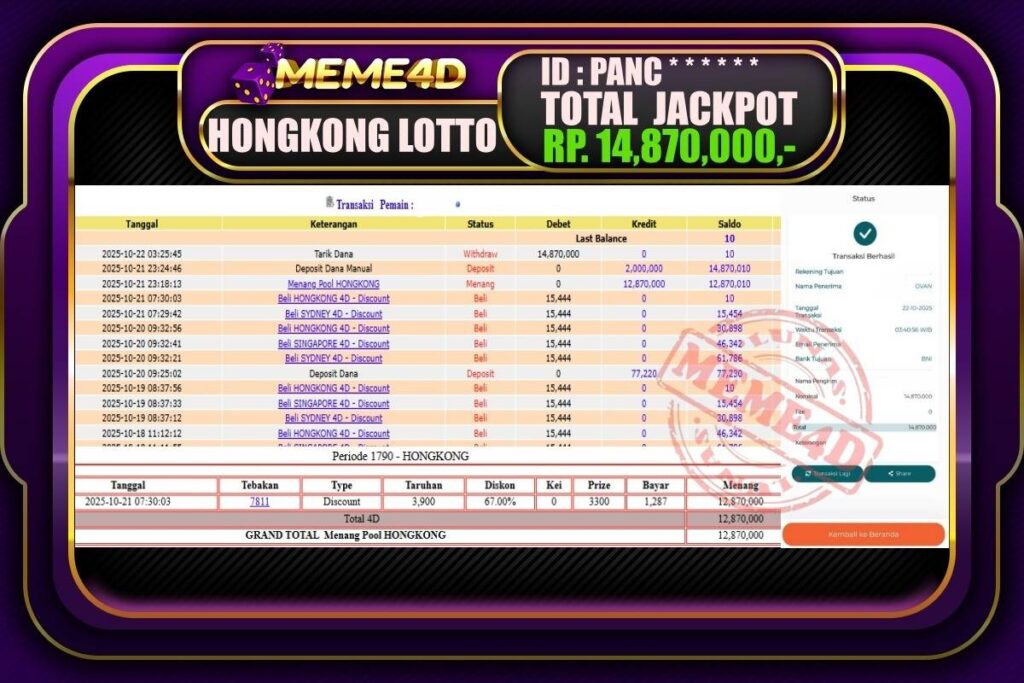 Bukti Jp MEME4D Togel Online 22 Oktober 2025