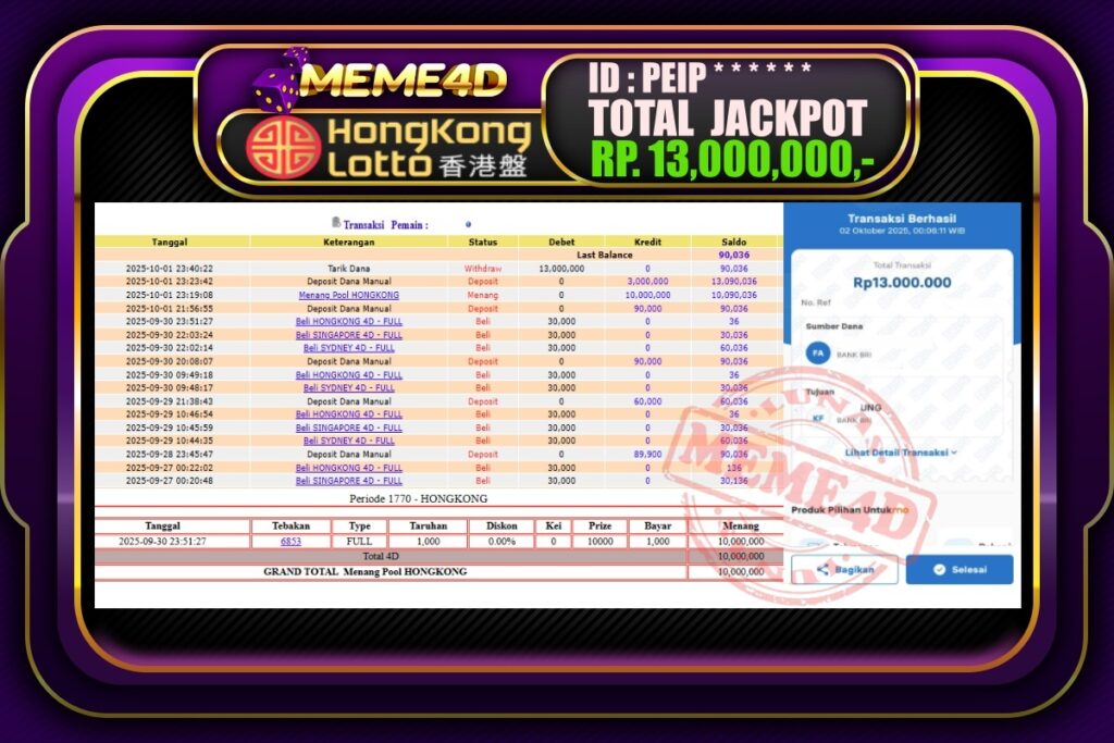 Bukti Jp MEME4D Togel Online 02 Oktober 2025