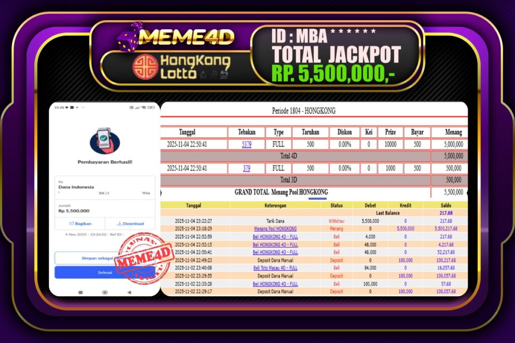 Bukti Jp MEME4D Togel Online 05 November 2025