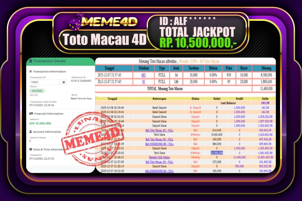 Bukti Jp MEME4D Togel Online 08 Desember 2025