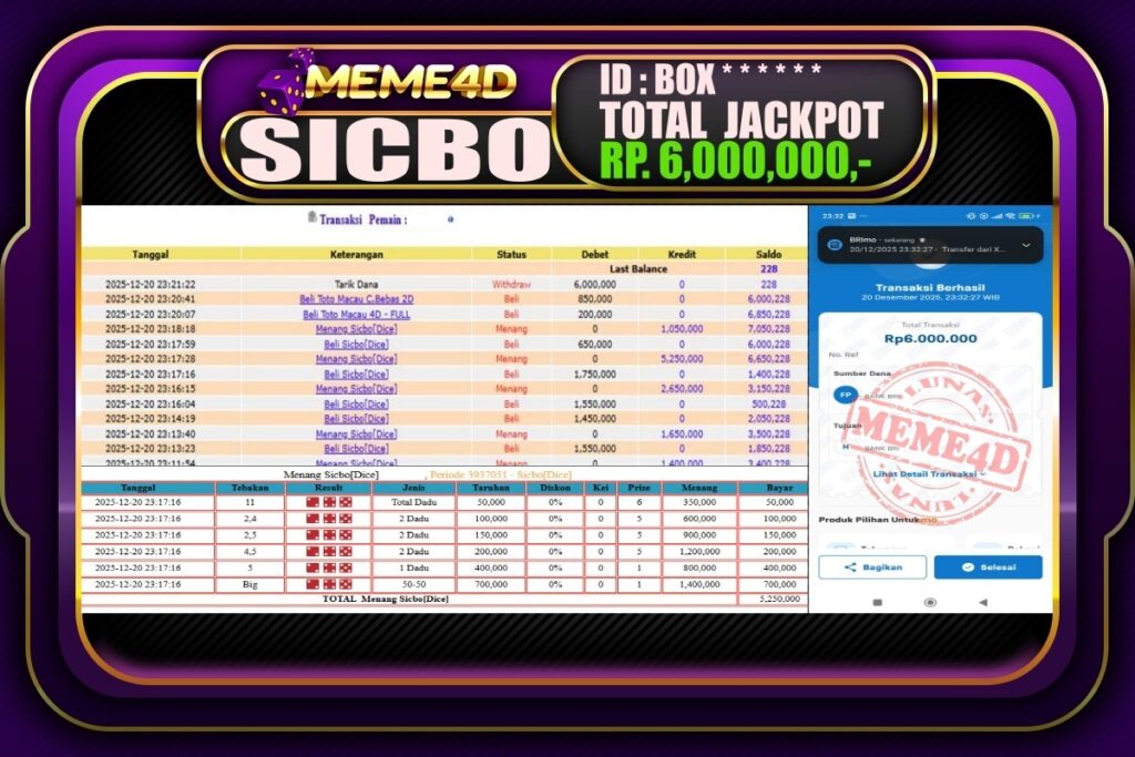 Bukti Jp MEME4D Casino Online 21 Desember 2025