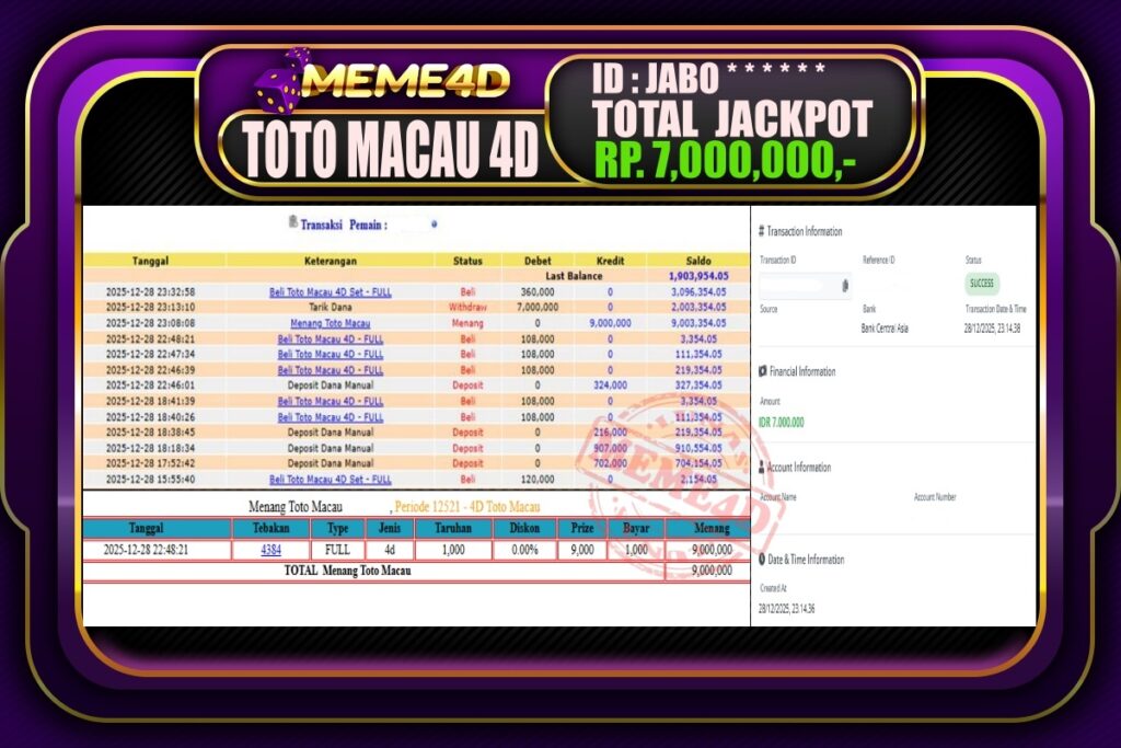 Bukti Jp MEME4D Togel Online 29 Desember 2025