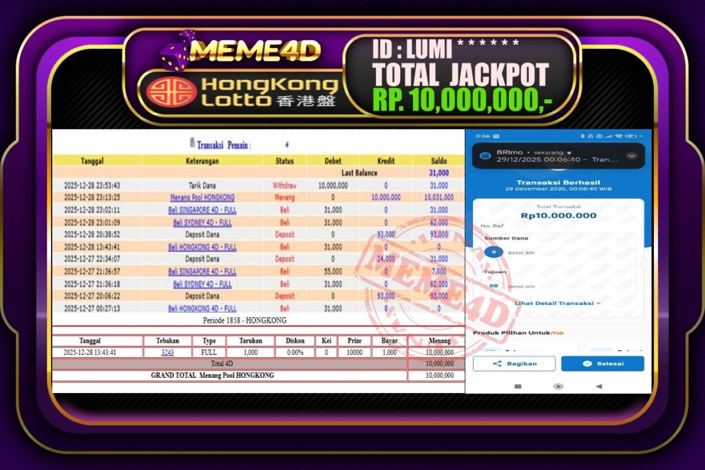 Bukti Jp MEME4D Togel Online 29 Desember 2025