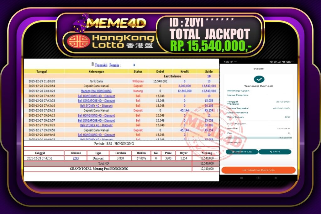 Bukti Jp MEME4D Togel Online 29 Desember 2025
