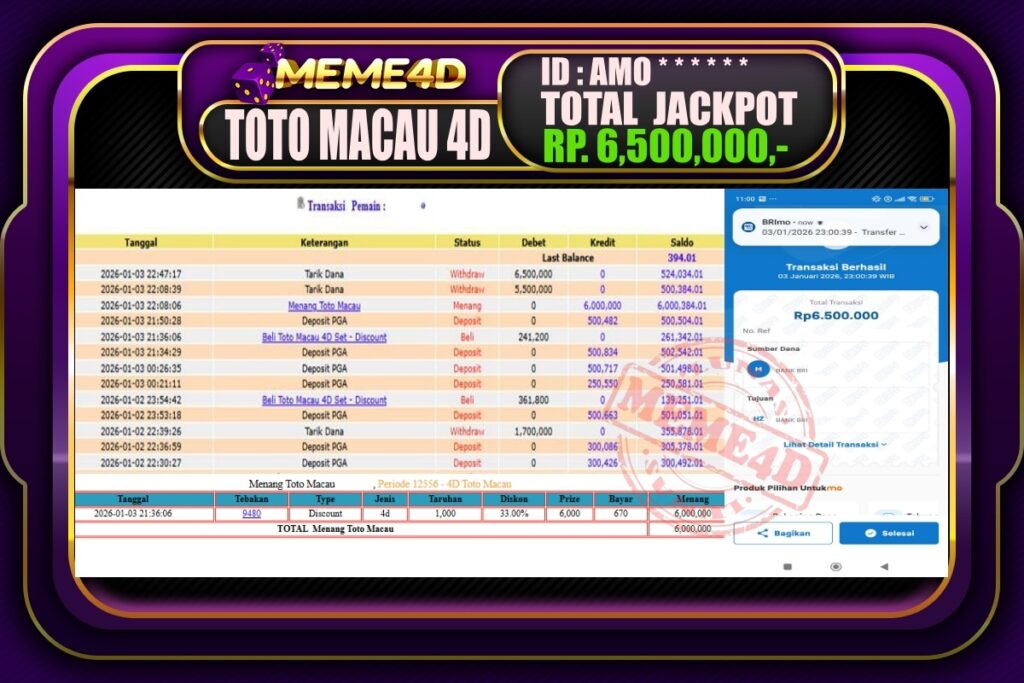 Bukti Jp MEME4D Togel Online 04 Januari 2026