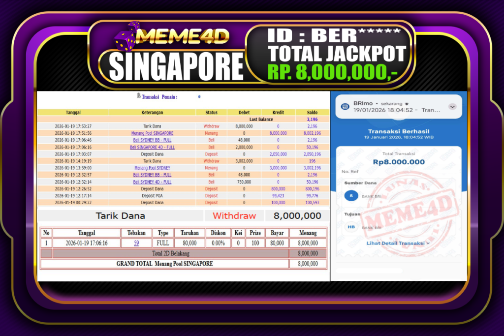 Bukti Jp MEME4D Togel Online 19 Januari 2026