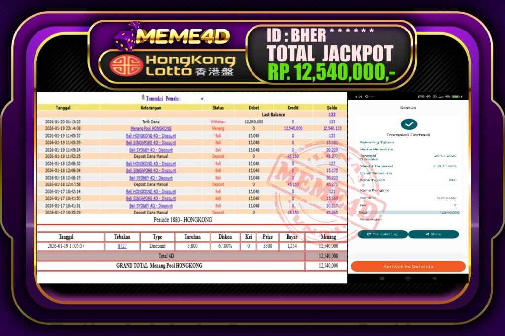 Bukti Jp MEME4D Togel Online 20 Januari 2026