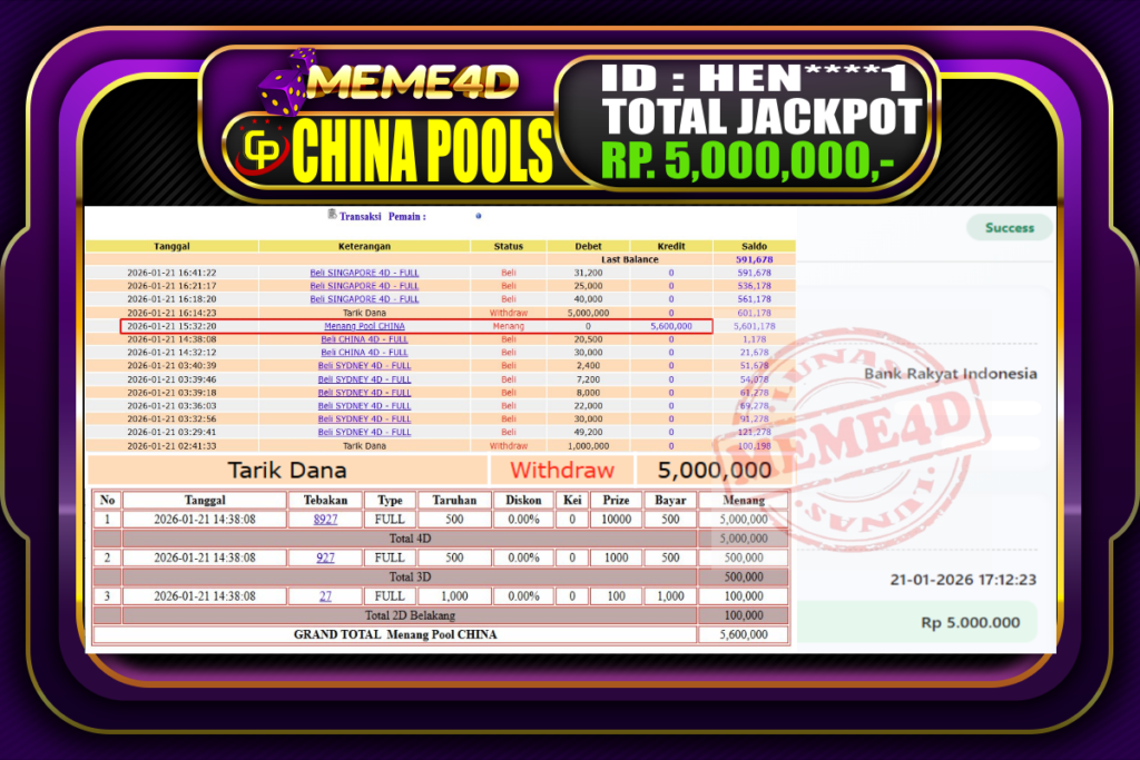Bukti Jp MEME4D Togel Online 21 Januari 2026