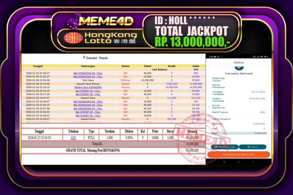 Bukti Jp MEME4D Togel Online 27 Januari 2026