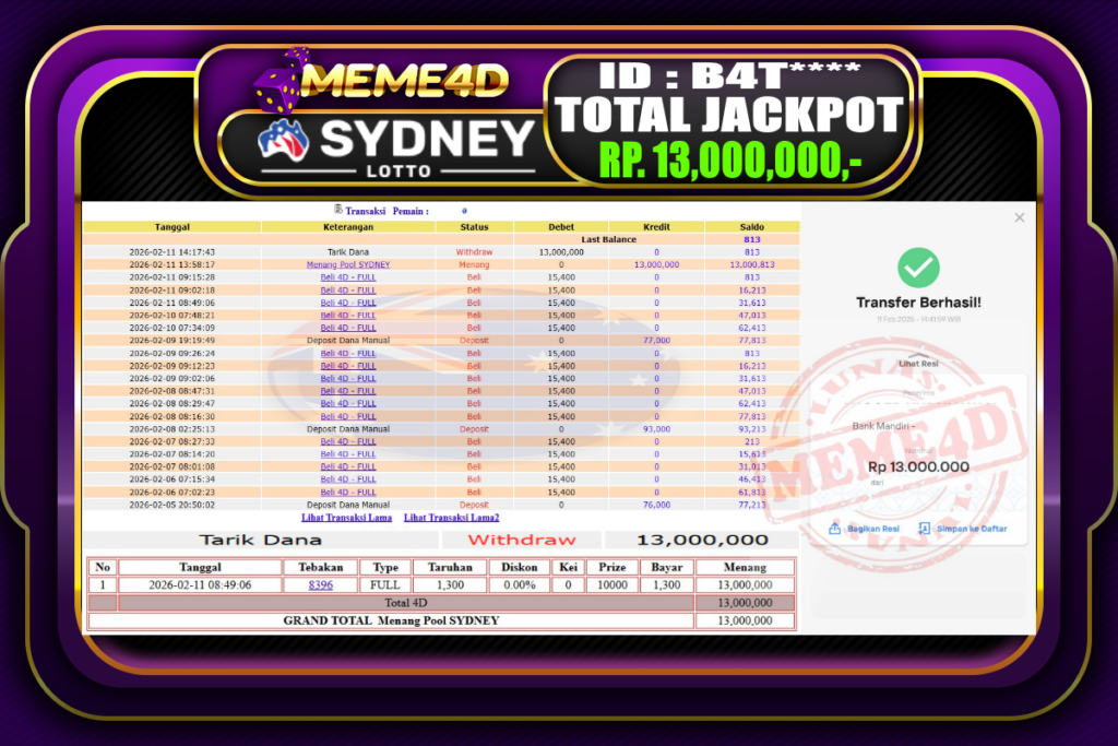 Bukti Jp MEME4D Togel Online 11 February 2026