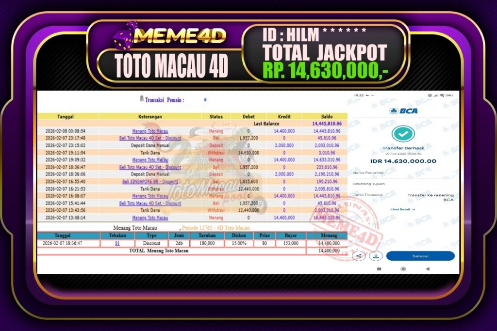 Bukti Jp MEME4D Togel Online 08 February 2026