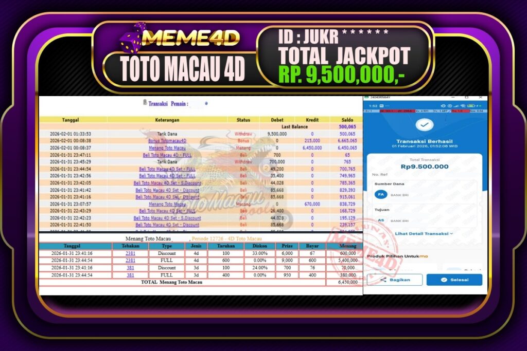 Bukti Jp MEME4D Togel Online 01 February 2026