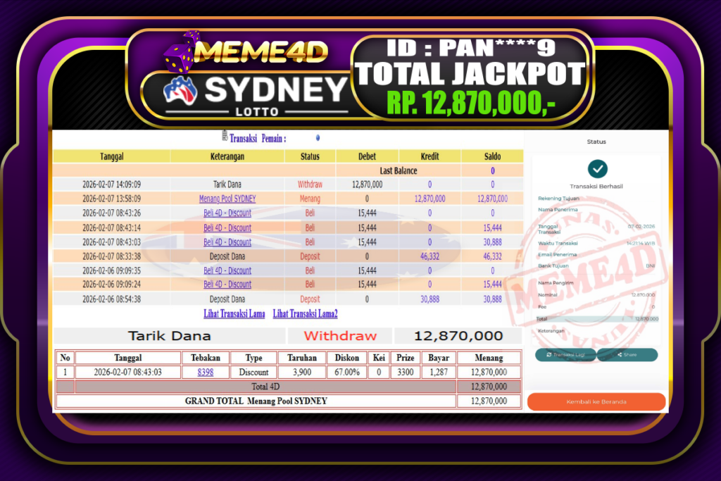 Bukti Jp MEME4D Togel Online 07 February 2026