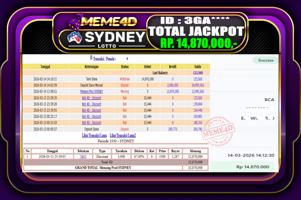 Bukti Jp MEME4D Togel Online 14 March 2026