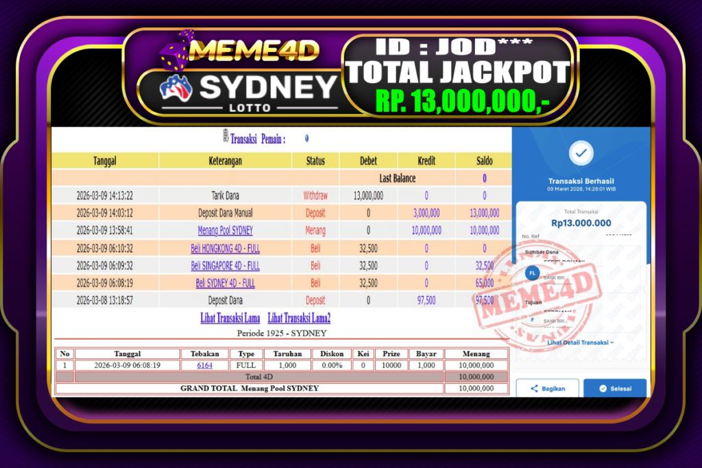 Bukti Jp MEME4D Togel Online 09 March 2026