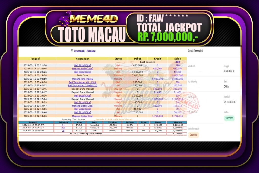 Bukti Jp MEME4D Togel Online 16 March 2026