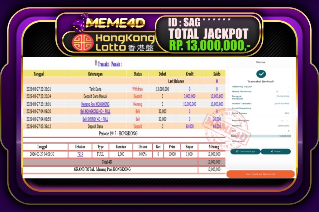Bukti Jp MEME4D Togel Online 28 March 2026