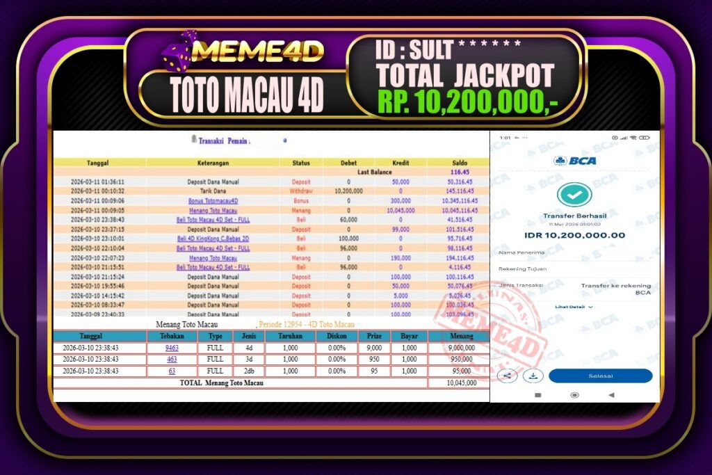 Bukti Jp MEME4D Togel Online 11 March 2026