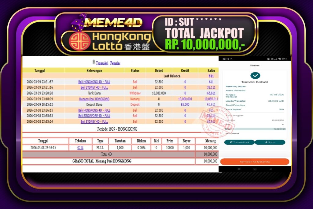 Bukti Jp MEME4D Togel Online 10 March 2026