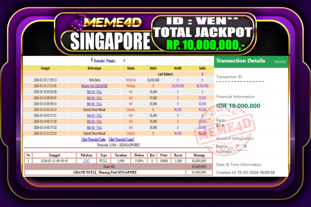 Bukti Jp MEME4D Togel Online 15 March 2026