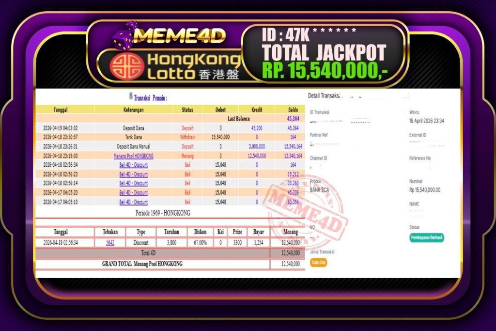 Bukti Jp MEME4D Togel Online 19 April 2026