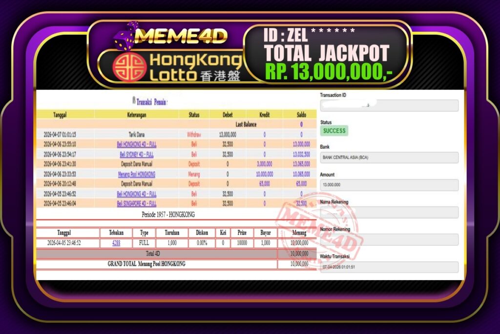 Bukti Jp MEME4D Togel Online 07 April 2026