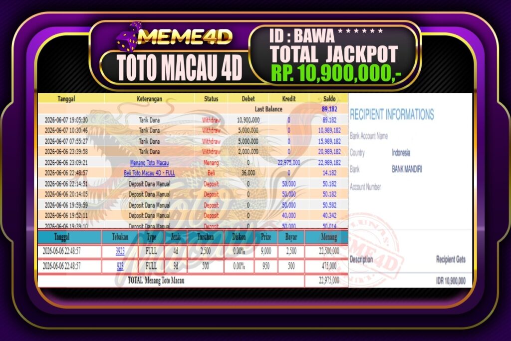 Bukti Jp MEME4D Togel Online 10 Juni 2026