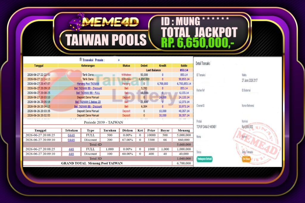 Bukti Jp MEME4D Togel Online 29 Juni 2026
