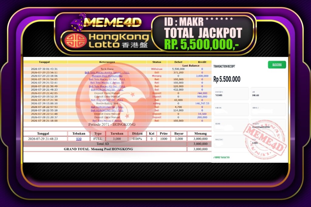 Bukti Jp MEME4D Togel Online 30 Juli 2026