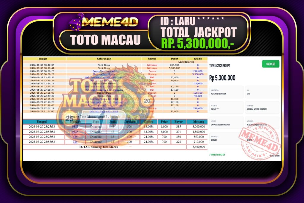 Bukti Jp MEME4D Togel Online 29 Agustus 2026