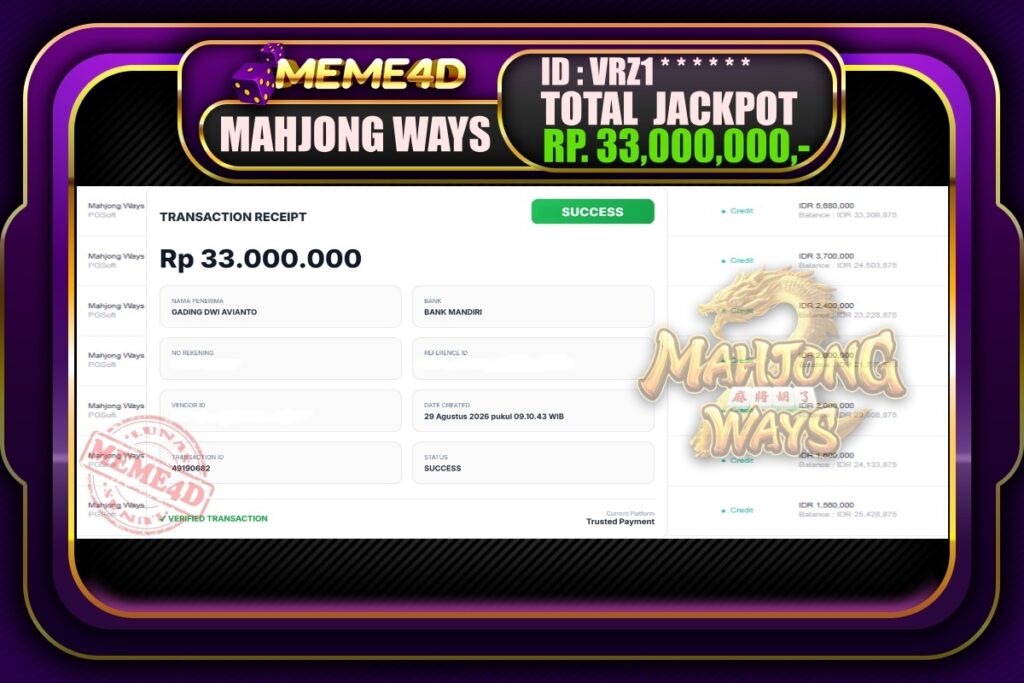 Bukti Jp MEME4D Slot Online 29 Agustus 2026
